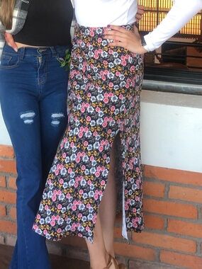 LOFT Floral Midi Skirt in Black with Pink, Yellow & White Flowers